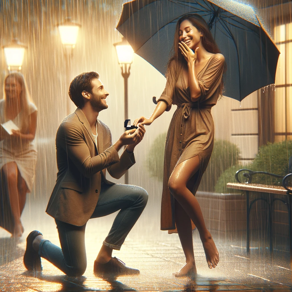 Marriage Proposal in Rain